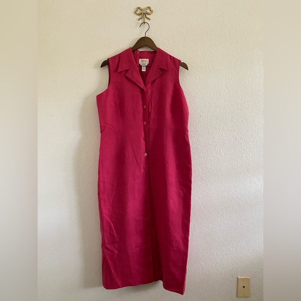Talbots Petites 14 Vintage Pink Irish Linen Sleeveless Button Front Midi Dress